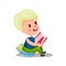 Sweet blonde girl sitting in a pillow and reading a book, education and knowledge concept, colorful character Illustration