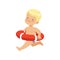 Sweet blonde little boy running with red lifebuoy, kid playing at the beach, happy infants outdoor activity on summer