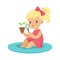 Sweet blonde little girl examining a plant through a magnifying glass, preschool educational activities cartoon vector