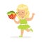 Sweet blonde little girl running with bowl full of vegetables, kids healthy food concept colorful vector Illustration