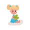 Sweet blonde little girl sitting on the floor playing with letter N, kid learning through fun and play colorful cartoon