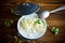 Sweet boiled vermicelli with milk in a ceramic bowl