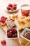 Sweet bread breakfast with strawberry jam and chocolate