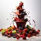 Sweet brown chocolate fountain with red strawberries and various fruits