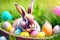 A sweet bunny sits in lush grass, cradling a basket of vivid Easter eggs.