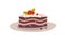 Sweet cake piece. Sugar chocolate dessert with cream and berry decor. Yummy pastry on plate. Confectionery food. Flat