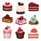 Sweet Cake Slices and Cupcakes Collection, Delicious Desserts with Fresh Berries Vector Illustration