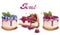 Sweet cakes set Vector watercolor. delicious desserts with fruit topings