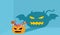 Sweet candy in cute orange pumpkin basket with spooky evil devil monster Halloween shadow on dark blue wall