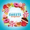 Sweet candy frame. Lollipop round and twisted shop colored dulce vector background realistic pictures