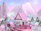 Sweet candy house surrounded by lollipop, candy canes and caramels. Fantasy food landscape 3D illustration