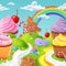 Sweet candy land, confectionery shop landscape. 3d fantasy chocolate cake, river in cupcake, dream bakery. Cute maffin