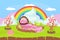 Sweet Candy Land, Fantasy Landscape with Rainbow, Desserts and Sweets Vector Illustration