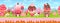 Sweet candy land seamless panorama for game background. Cartoon magic world with cake houses, pink cream and caramel