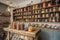 sweet and candy shop with vintage interior design including wooden crates, metal buckets and jars