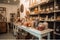 sweet and candy shop with vintage interior design including wooden crates, metal buckets and jars