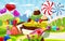 Sweet candy world fairy landscape, panorama. Sweets, candies, caramel. Cartoon game background. Vector illustration