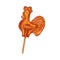 Sweet caramel lollipops cockerel on stick. Decoration element. Lollipop in form of rooster, cockerel, chicken. Candies, bonbons,