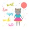 Sweet card for little princess. Funny postcard for girl. Cute kitty