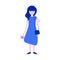 Sweet carefree girl in blue dress, bag on shoulder and pink flower in hand