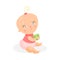 Sweet cartoon baby girl in pink cloth sitting and holding green apple, colorful character vector Illustration