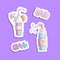 Sweet cartoon cocktails, vector sticker illustration. Blue and pink sweet cocktails with sweet foam, words love and ohh