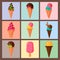 Sweet cartoon cold ice cream cards set tasty frozen icecream collection vector delicious colorful desserts