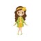 Sweet cartoon girl character in yellow dress and green cardigan, cute kid in fashionable clothes vector Illustration on