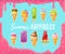 Sweet cartoon ice cream set with melted pink background. Vector colorful ice creams with inspirational inscription