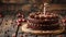 Sweet Celebration: A Birthday Chocolate Cake with Sparkling Candle on Wooden Table