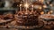 Sweet Celebration: A Birthday Chocolate Cake with Sparkling Candle on Wooden Table