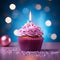 Sweet celebration Cupcake with pink cream and burning candle