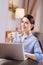 Sweet cheerful woman working on presentation