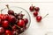 Sweet cherry in glass plate on white wooden background. Summer tasty berries.
