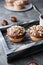 Sweet chestnut cups filled with soft curd cheese, chestnut puree and ground almonds, topped with chocolate frosting and chopped nu