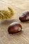 Sweet chestnut fruits on a wooden cutting board