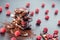 Sweet chocolate slices with fruits, cocoa powder and chocolate topping. sweet dessert on black background, image for patisserie