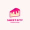 Sweet City Abstract Vector Sign, Symbol or Logo Template. Cityscape Incorporated into a Cake Piece. Cute Cartoon Emblem