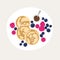 Sweet classic breakfast with pancakes. top view vector illustration. Pancakes with chocolate and berries. Plate with a beautiful