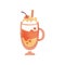 Sweet cocktail with whipped cream and red cherry on top. Delicious beverage in glass cup. Flat vector icon with texture