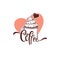 Sweet Coffee logo template design, vector hand drawn illustration with lettering composition on pink heart background