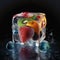 Sweet colorful fruits inside an ice cube on dark background. Refreshing summer concept. AI generated art