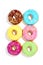 Sweet colorful glazed doughnuts on white background. Junk food top view, sugar treat