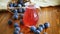 Sweet compote of autumn blue plums in a glass decanter