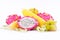 sweet corn cobs kernels and dragon fruit pitaya and star fruit carambola on white background fruit and vegetable isolated food