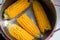 Sweet corn cooked in a steel pan, close up,  top view. Food background
