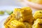 Sweet corn food with salad vegetable, sweet corn cooked on plate background, close up ripe corn cobs grilled sweetcorn for food