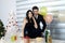 Sweet couple Love smile and spending Romantic with drinking wine in christmas time and celebrating new year eve, valentine day