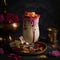 Sweet and creamy Falooda in a tall glass with sweet treats on table