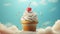 Sweet cupcake decorated cherry berry against fantasy sky background for birthday concept